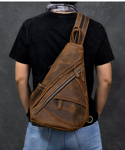 Vintage Leather Mens 16' Backpack Sling Bag Brown Chest Bag One Shoulder Backpack for Men