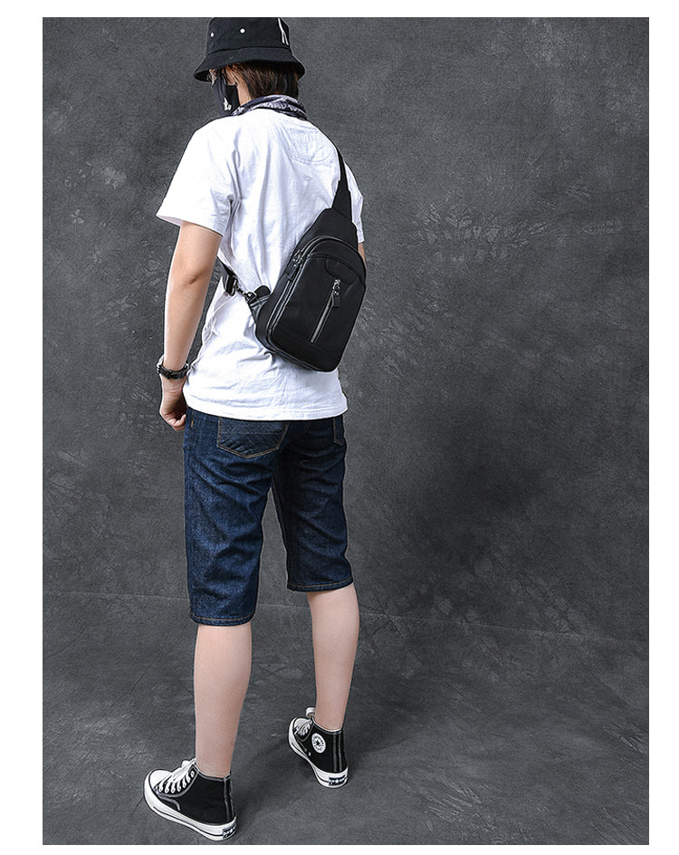 Cool Leather Mens 8' Black Sling Bag Chest Bag One Shoulder Backpack for Men