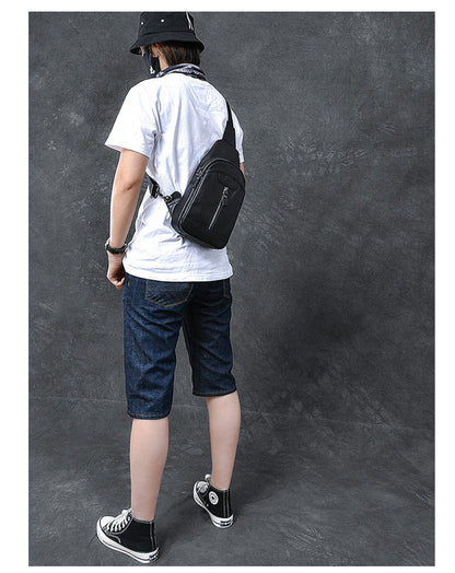 Cool Leather Mens 8' Black Sling Bag Chest Bag One Shoulder Backpack for Men