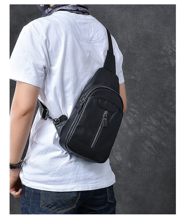 Cool Leather Mens 8' Black Sling Bag Chest Bag One Shoulder Backpack for Men