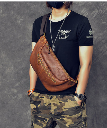 Cool Leather Mens 8' Large Brown Fanny Pack Waist Bag Hip Bag Chest Bag for Men