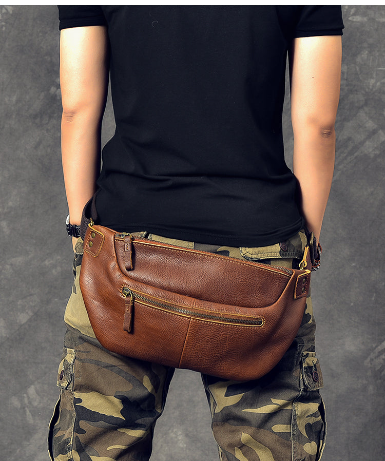 Cool Leather Mens 8' Large Brown Fanny Pack Waist Bag Hip Bag Chest Bag for Men