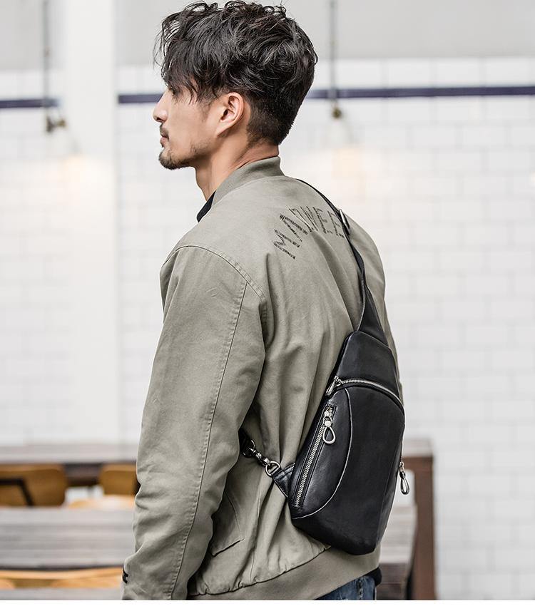 Cool Mens Black Leather Sling Bag Chest Bag Soft Black One Shoulder Backpack Sling Backpack for men