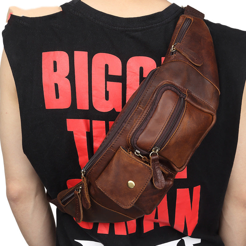 Cool Leather Bum Bag Mens Fanny Packs Slim Hip Bag Brown Waist Bags For Men