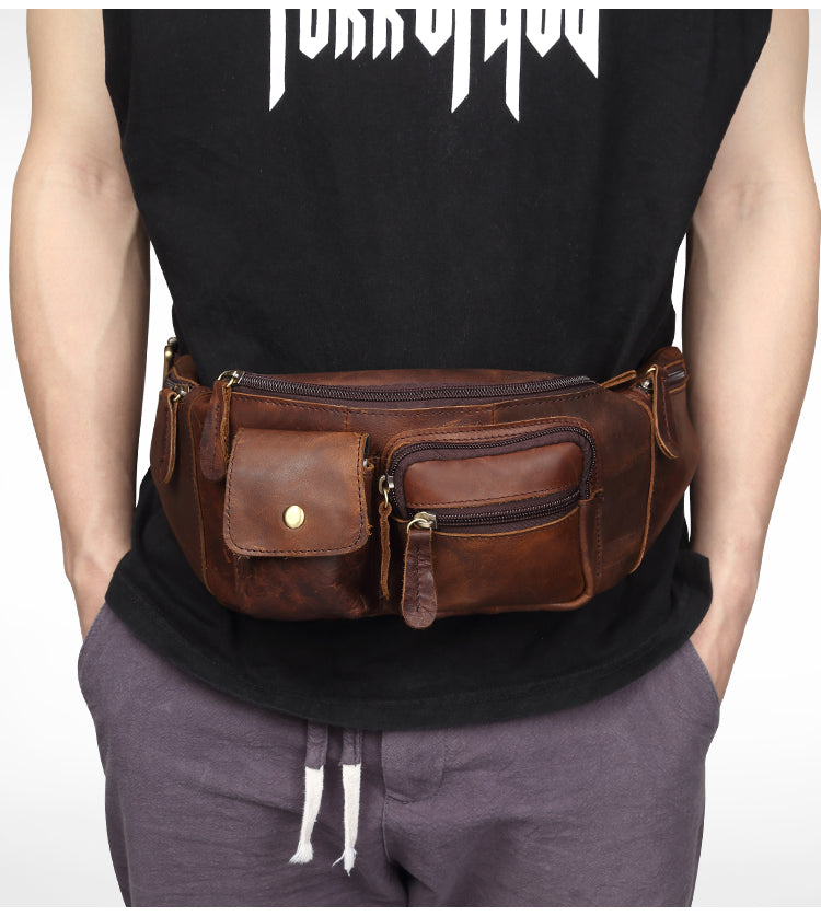 Cool Leather Bum Bag Mens Fanny Packs Slim Hip Bag Brown Waist Bags For Men