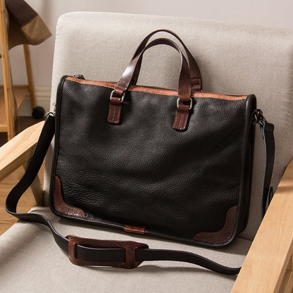 Black Leather Mens Briefcase Work Handbag Vintage Side Bags Handbag For Men