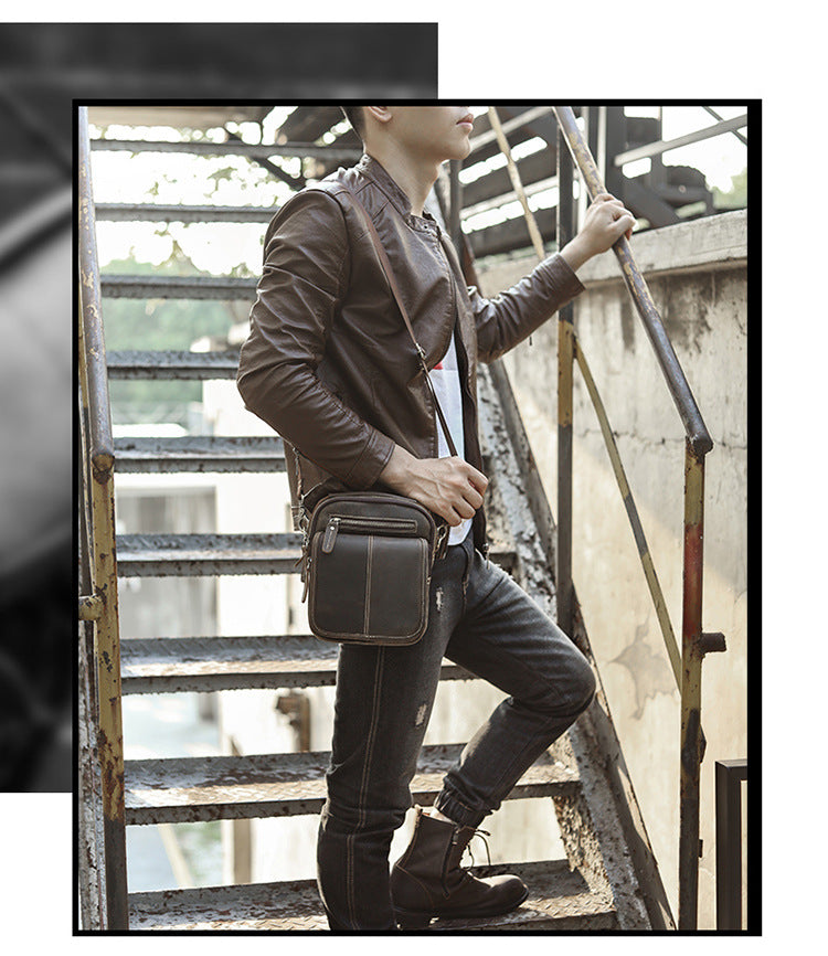 Tan Cool Leather Men Small Side Bag Messenger Bag Belt Pouch Waist Bag for Men