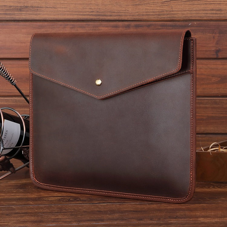 Dark Brown Envelope Bag Mens Leather Office Documents Bags A4 Paper File Pouch Clutch Bag