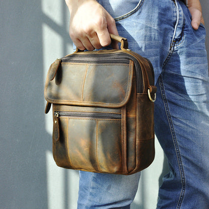 Leather Mens Courier Bag Vertical Shoulder Bag Dark Brown Side Bag Messenger Bag For Men