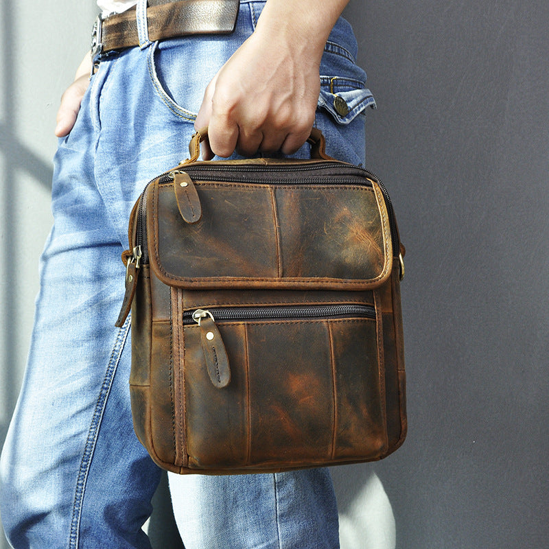 Leather Mens Courier Bag Vertical Shoulder Bag Dark Brown Side Bag Messenger Bag For Men