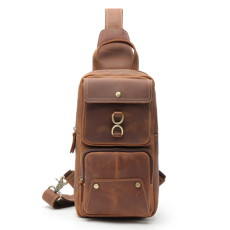 Brown Leather Men's Sling Bag Brown Sling Pack Chest Bags One Shoulder Backpack For Men