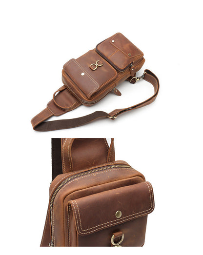 Brown Leather Men's Sling Bag Brown Sling Pack Chest Bags One Shoulder Backpack For Men