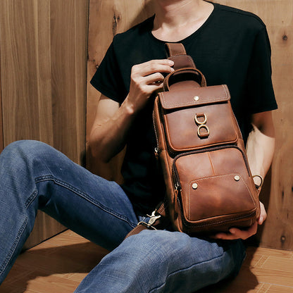 Brown Leather Men's Sling Bag Brown Sling Pack Chest Bags One Shoulder Backpack For Men