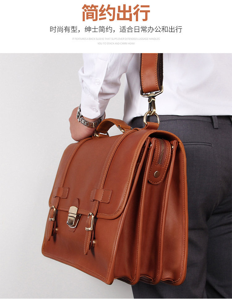 Top Brown Large Leather Mens Business 15 inches Laptop Work Briefcase Large Handbag Briefcase Business Bags For Men