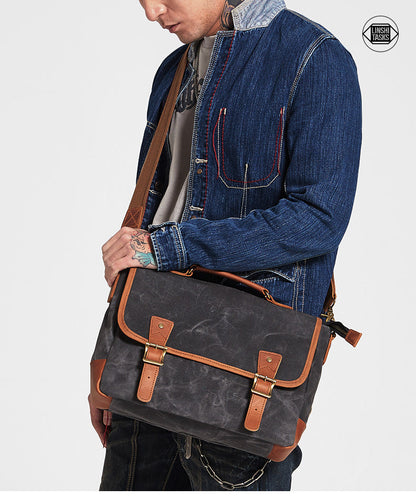 Dark Gray Waxed Canvas Leather Mens Briefcase Side Bag Messenger Bags Casual Courier Bag for Men