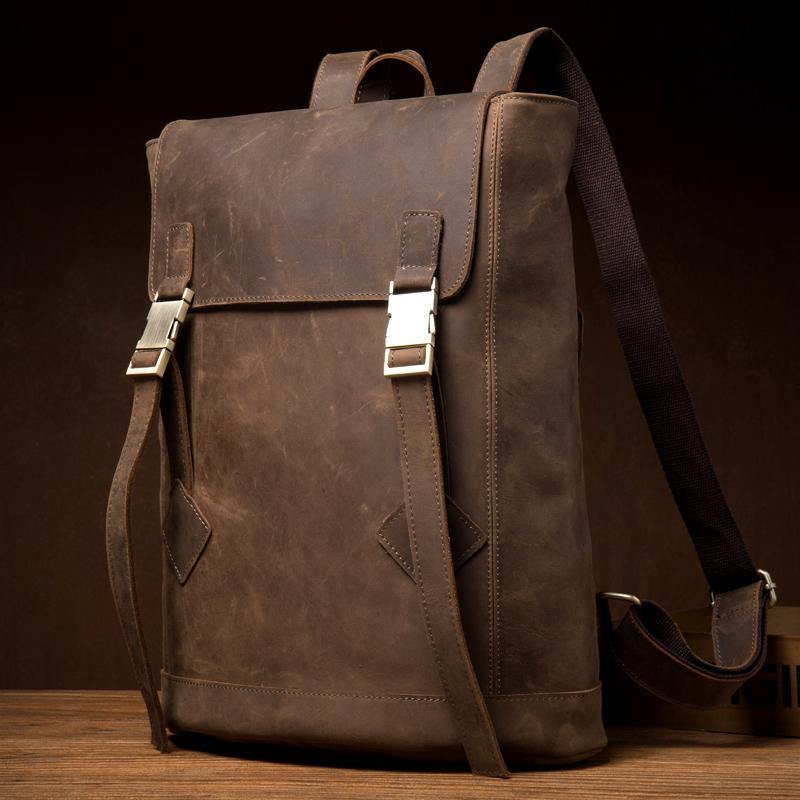 Casual Dark Brown Leather Mens 14 inches School Backpacks Satchel Backpack Computer Backpack for Men