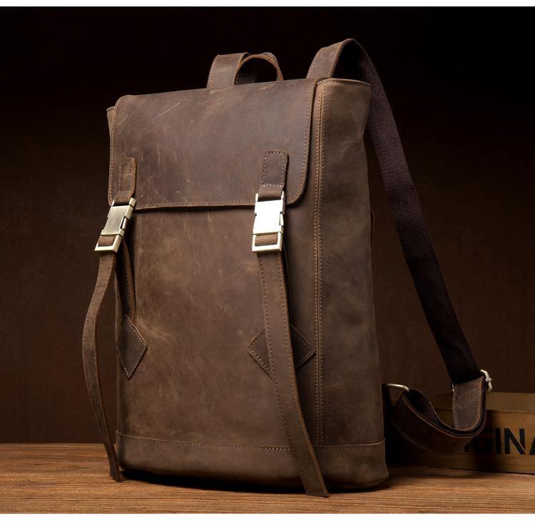 Casual Dark Brown Leather Mens 14 inches School Backpacks Satchel Backpack Computer Backpack for Men