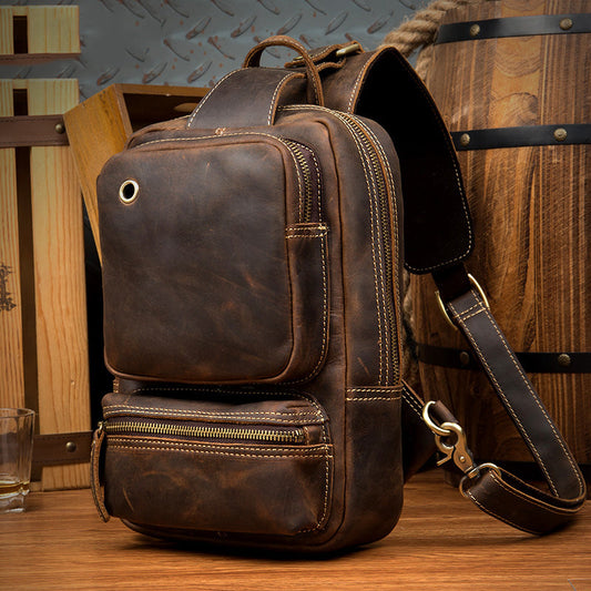 Casual Brown Mens Leather Large Sling Bag One Shoulder Pack Chest Bag Sling Backpack for men