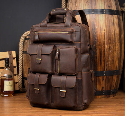 Dark Brown Casual Mens Leather 16inches Computer Backpacks Large Brown Travel Backpack School Backpacks for men