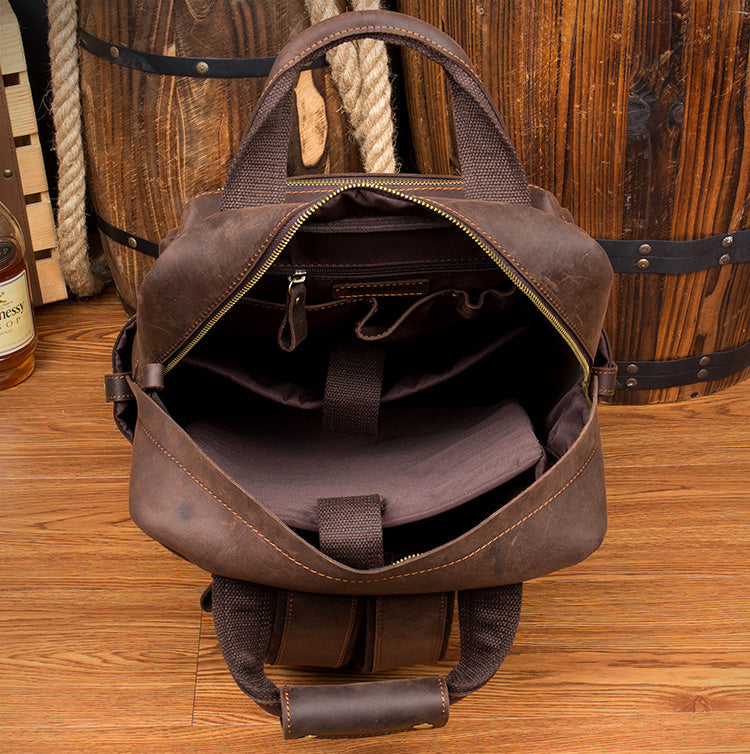 Dark Brown Casual Mens Leather 16inches Computer Backpacks Large Brown Travel Backpack School Backpacks for men