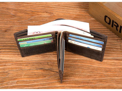 Cool Brown Leather Mens Bifold Small Wallet Thin Front Pocket Wallet Trifold billfold Wallet for Men