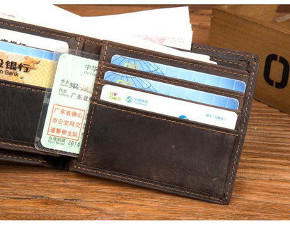 Cool Brown Leather Mens Bifold Small Wallet Thin Front Pocket Wallet Trifold billfold Wallet for Men