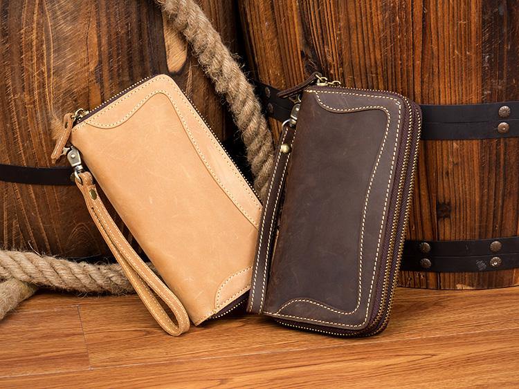 Cool Dark Brown Mens long Wallet Wristlet Wallet Clutch Wallet Yellow Brown Long Wallets for Men