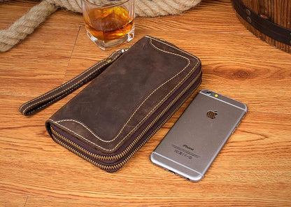 Cool Dark Brown Mens long Wallet Wristlet Wallet Clutch Wallet Yellow Brown Long Wallets for Men