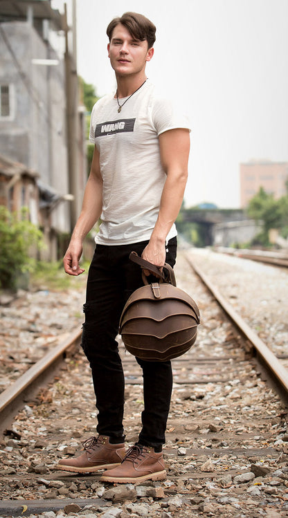 Dark Brown Unique Mens Leather 10-inch Small Backpacks Cool Beetle Backpacks Round Backpack for men