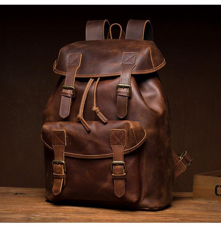 Fashion Dark Brown Mens Leather 15inchs Computer Backpack Cool Travel Backpacks School Backpack for men