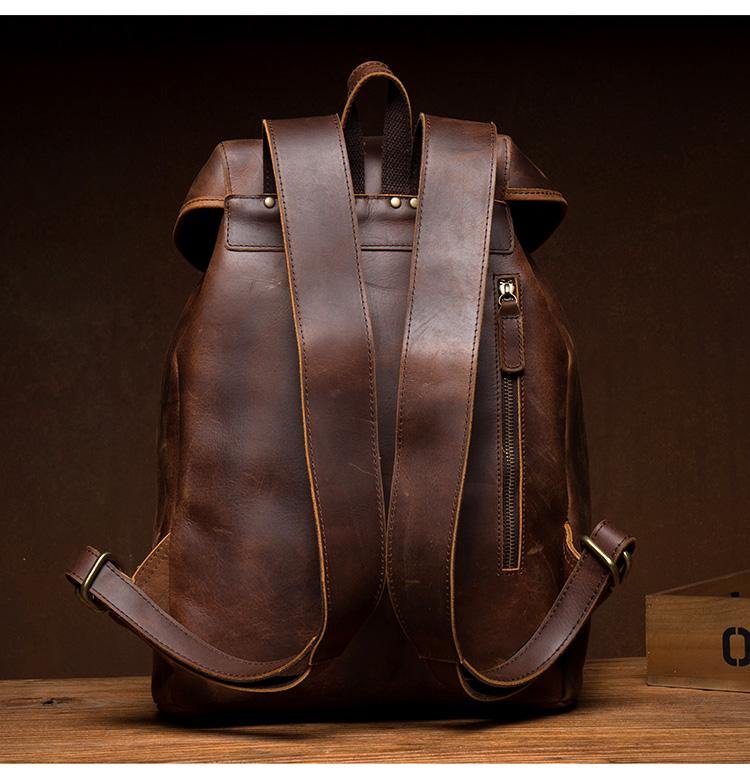 Fashion Dark Brown Mens Leather 15inchs Computer Backpack Cool Travel Backpacks School Backpack for men