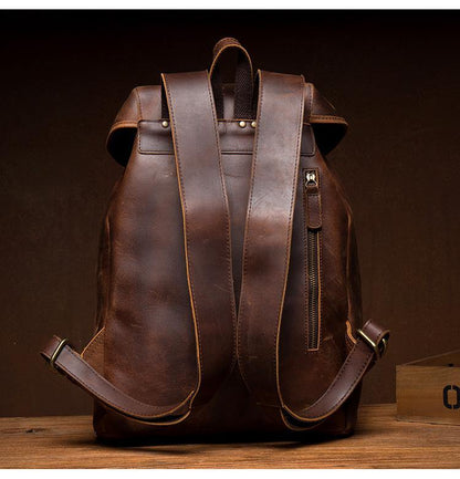 Fashion Dark Brown Mens Leather 15inchs Computer Backpack Cool Travel Backpacks School Backpack for men