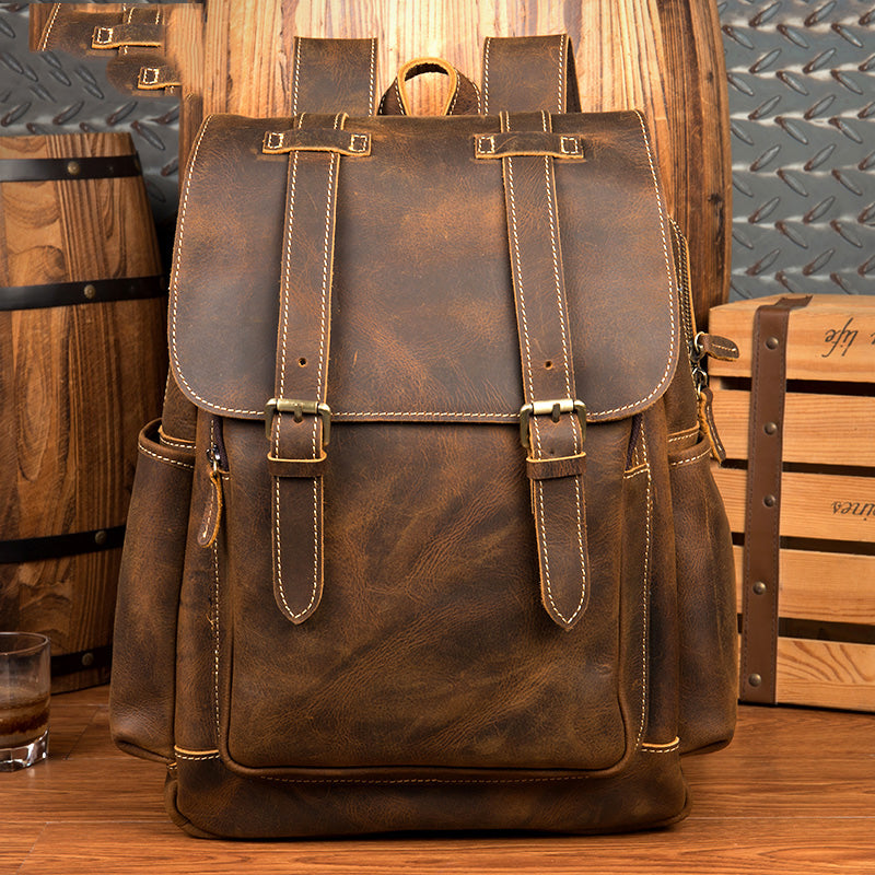 Dark Brown Fashion Mens Leather 15-inch Brown Computer Backpacks Brown Travel Backpacks School Backpacks for men