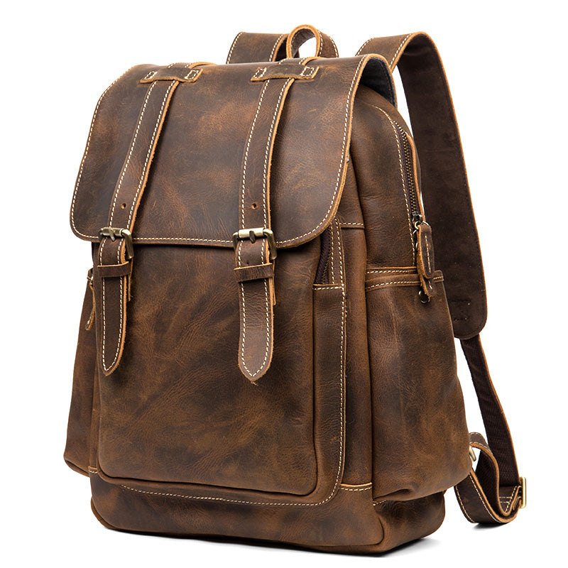 Dark Brown Fashion Mens Leather 15-inch Brown Computer Backpacks Brown Travel Backpacks School Backpacks for men