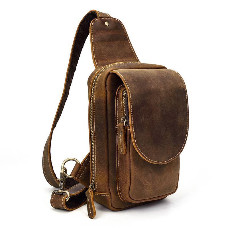 Leather Men's 8 inches Brown Sling Bag Chest Bag Dark Brown One Shoulder Backpack For Men