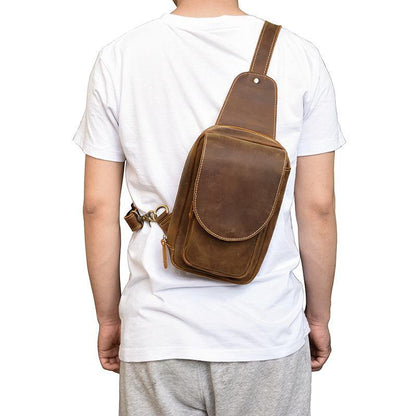 Leather Men's 8 inches Brown Sling Bag Chest Bag Dark Brown One Shoulder Backpack For Men