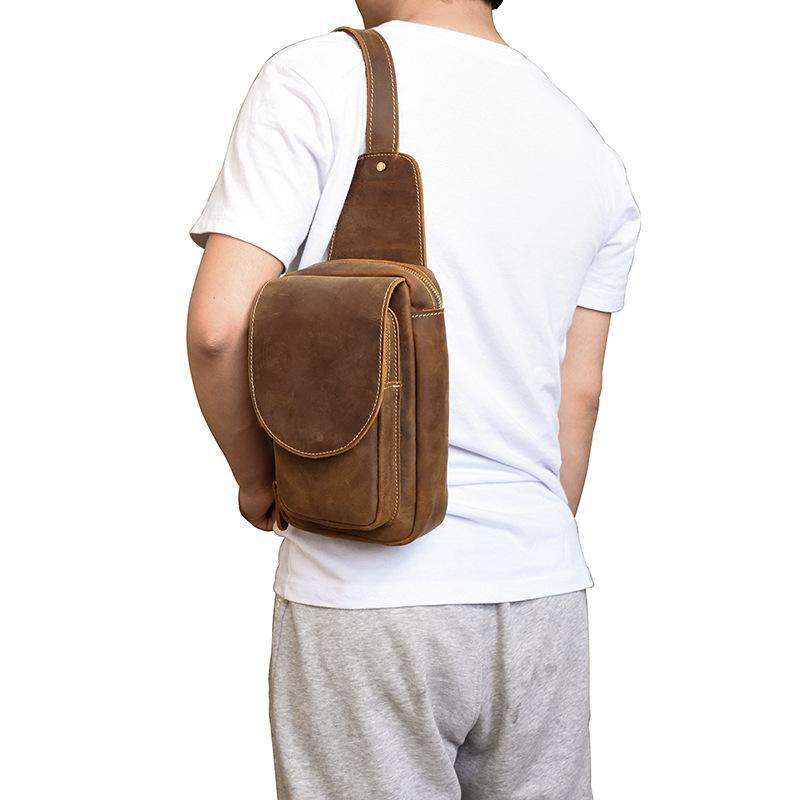 Leather Men's 8 inches Brown Sling Bag Chest Bag Dark Brown One Shoulder Backpack For Men