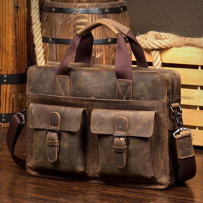 Leather Mens 13 inches Briefcase Dark Brown Laptop Bags Business Bags Work Bags for Men