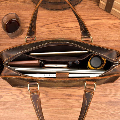 Vintage Brown Leather Mens 14 inches Briefcase Laptop Briefcase Business Bags Work Bags for Men