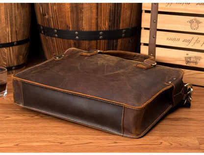 Vintage Brown Leather Mens 14 inches Briefcase Laptop Briefcase Business Bags Work Bags for Men