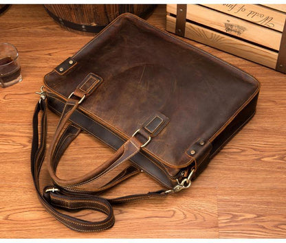 Vintage Brown Leather Mens 14 inches Briefcase Laptop Briefcase Business Bags Work Bags for Men