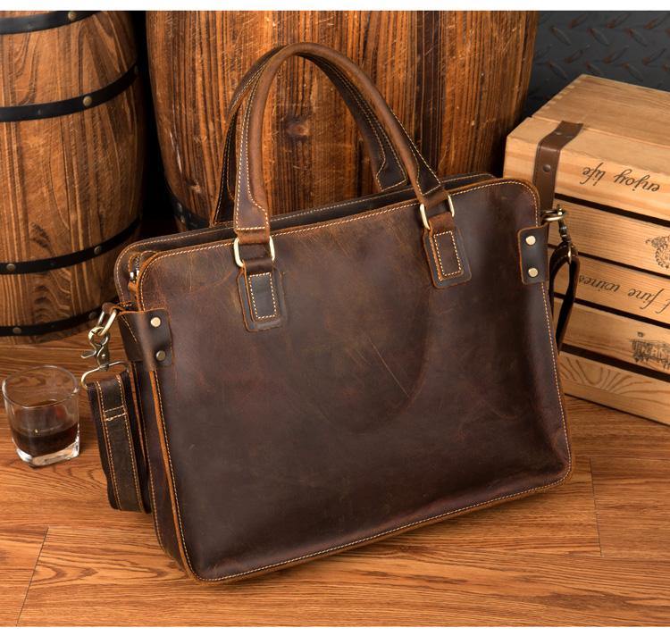 Vintage Brown Leather Mens 14 inches Briefcase Laptop Briefcase Business Bags Work Bags for Men