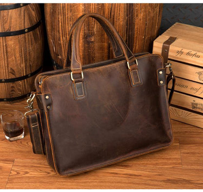 Vintage Brown Leather Mens 14 inches Briefcase Laptop Briefcase Business Bags Work Bags for Men