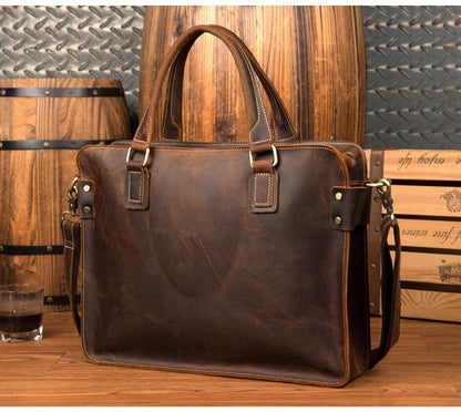 Vintage Brown Leather Mens 14 inches Briefcase Laptop Briefcase Business Bags Work Bags for Men