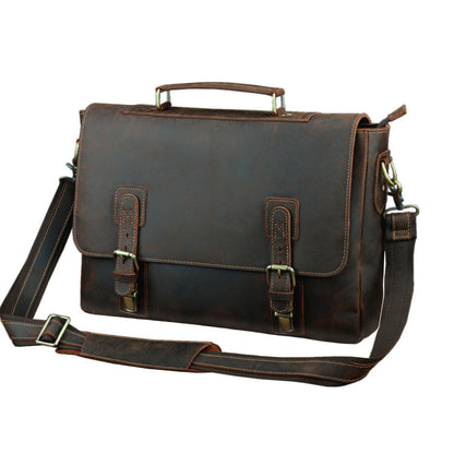 Vintage Brown Leather Mens 15 inches Laptop Work Bag Handbag Briefcase Shoulder Bags Business Bags For Men