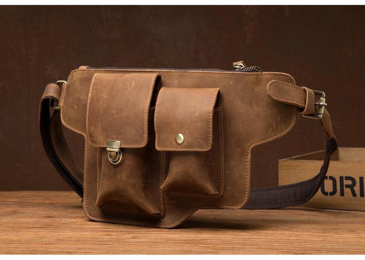 Brown Leather Mens Fanny Pack Waist Bag Hip Pack Belt Bags Bumbag for Men