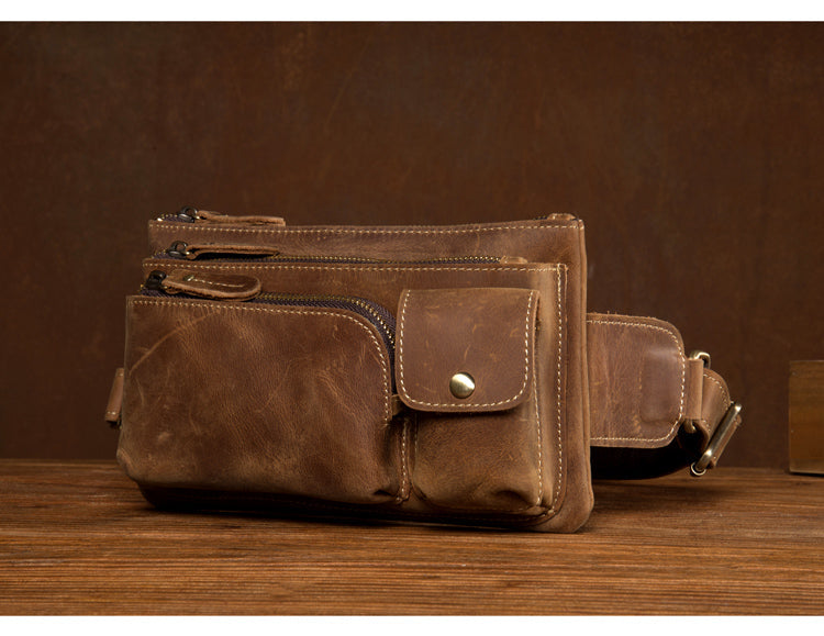 Vintage Brown Leather Mens Fanny Pack Waist Bag Coffee Hip Pack Belt Bag Bumbag for Men