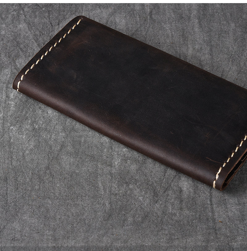 Dark Brown Leather Mens Long Wallet Bifold Brown Clutch Long Wallet For Men