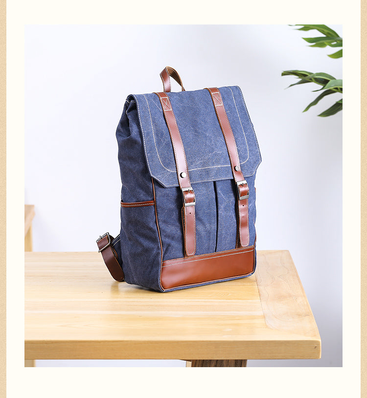 Denim Blue Waxed Canvas Mens Large 14'' Laptop Backpack College Backpack Hiking Backpack for Men