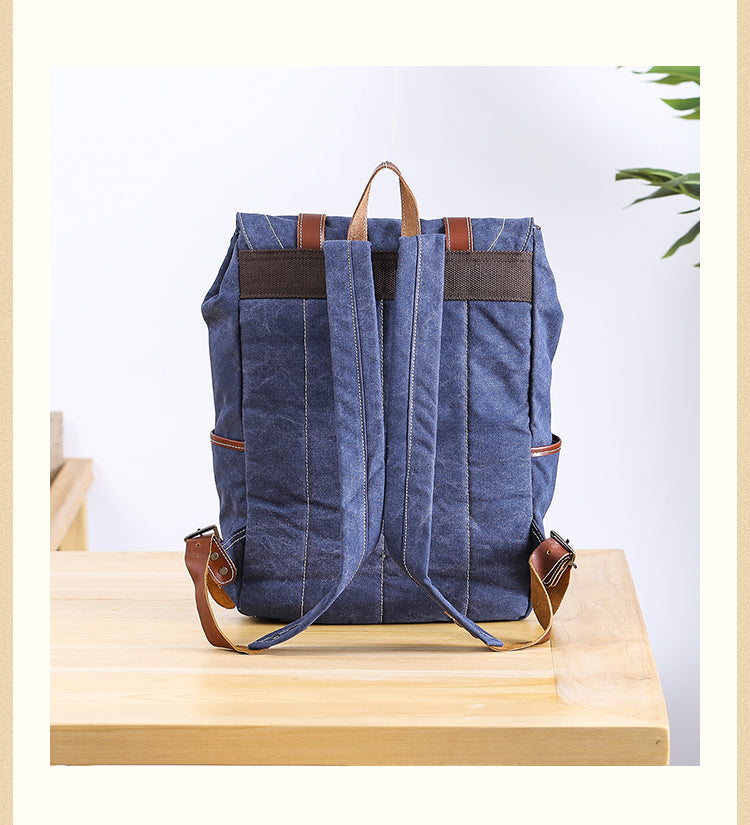 Denim Blue Waxed Canvas Mens Large 14'' Laptop Backpack College Backpack Hiking Backpack for Men